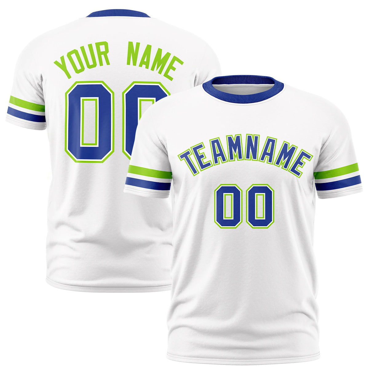 Custom White Neon Green-Royal Blue Color Block Design Performance T-Shirt