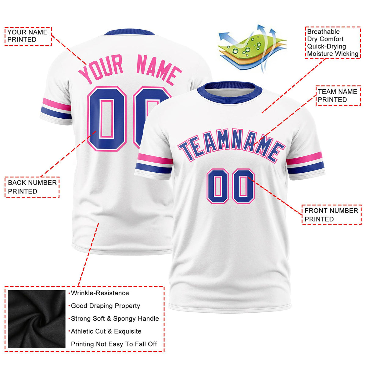 Custom White Pink-Royal Blue Color Block Design Performance T-Shirt