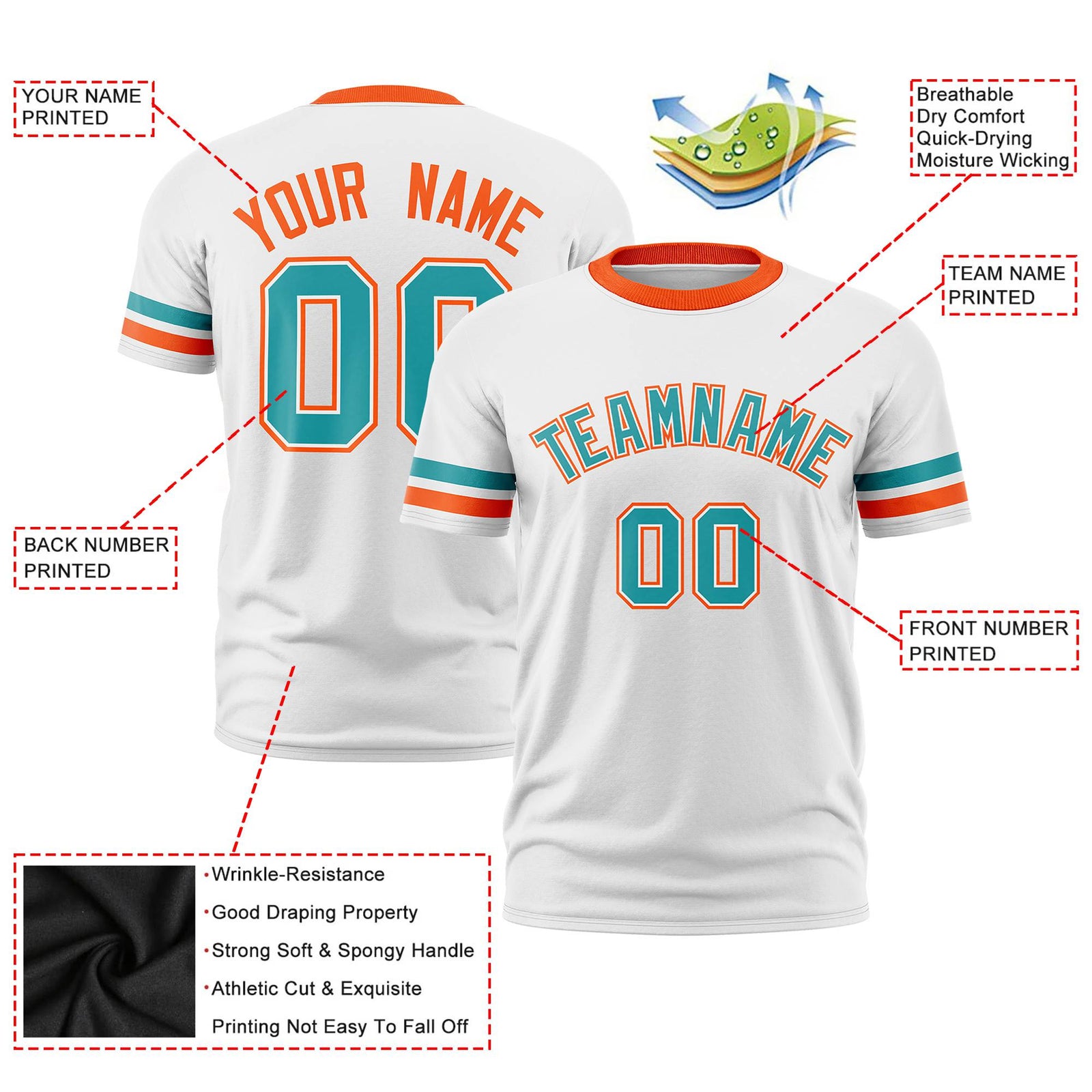 Custom White Aqua-Orange Color Block Design Performance T-Shirt