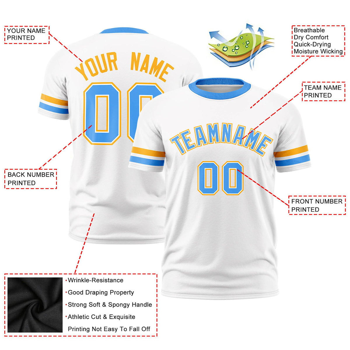 Custom White Yellow-Powder Blue Color Block Design Performance T-Shirt