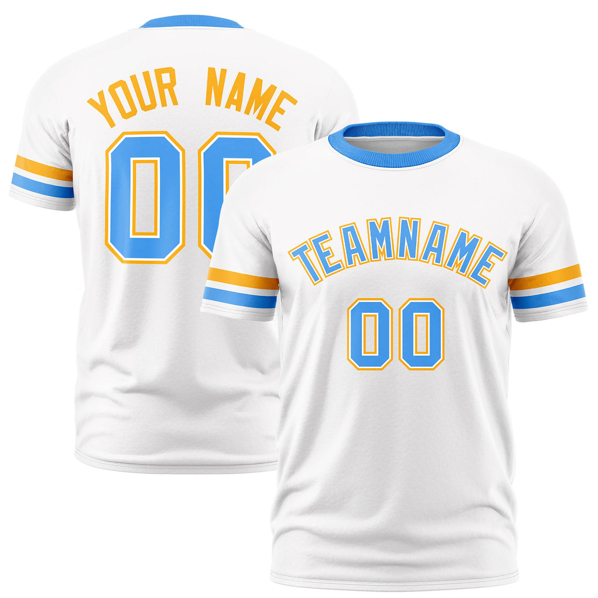 Custom White Yellow-Powder Blue Color Block Design Performance T-Shirt