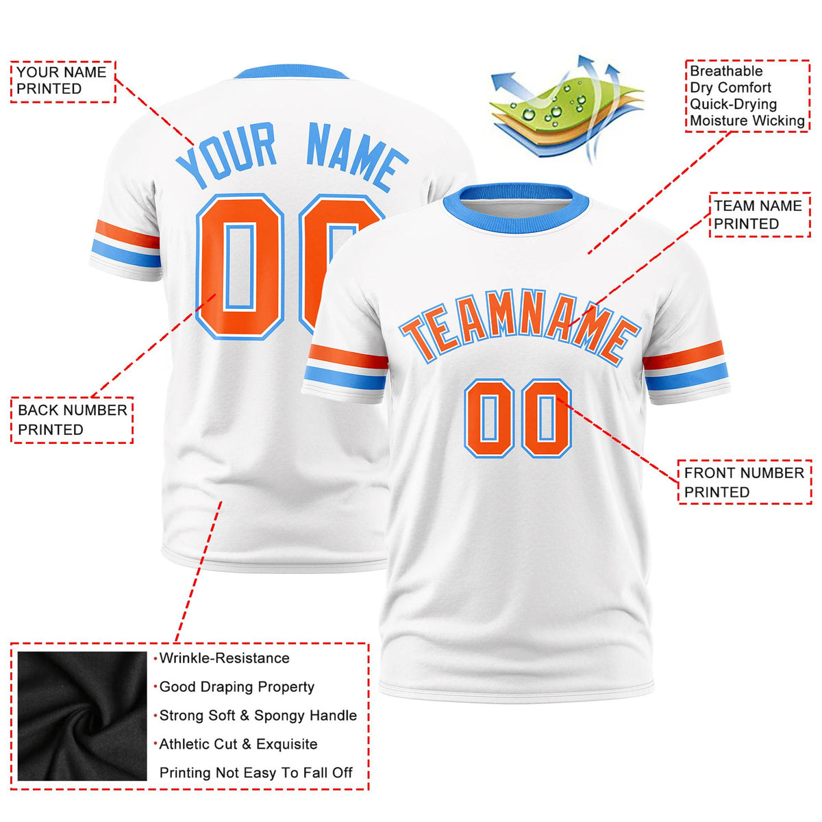 Custom White Orange-Powder Blue Color Block Design Performance T-Shirt