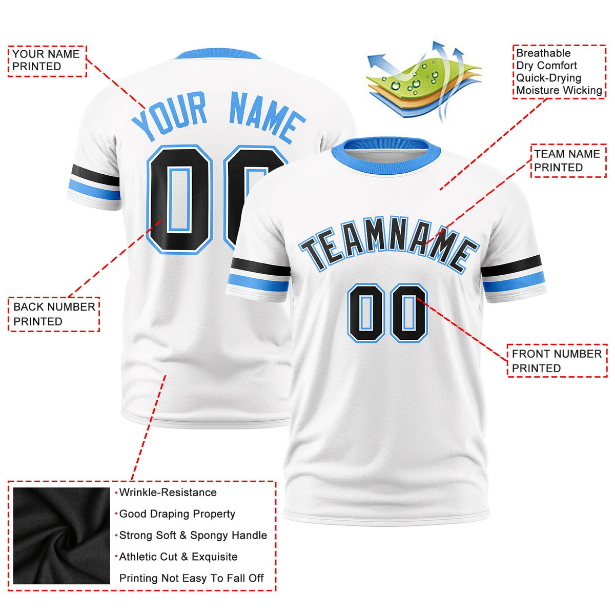Custom White Black-Powder Blue Color Block Design Performance T-Shirt