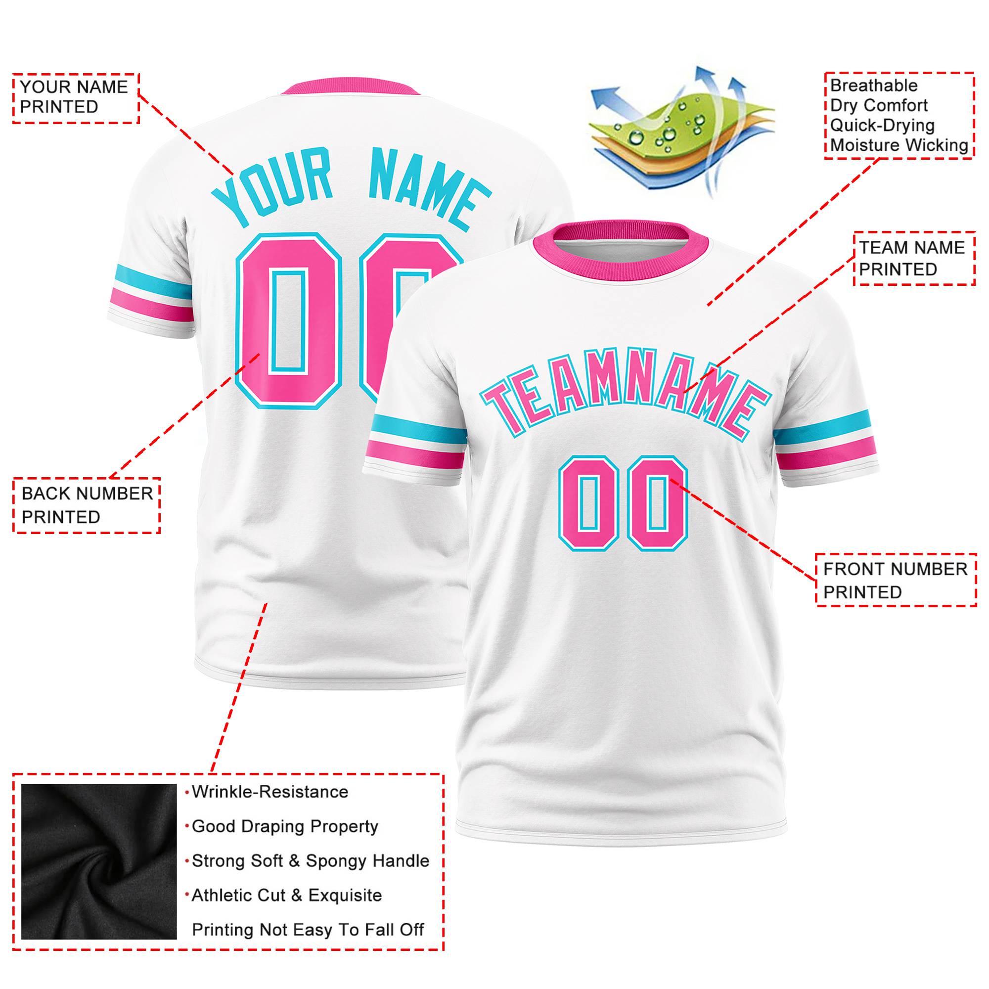 Custom White Sky Blue-Pink Color Block Design Performance T-Shirt