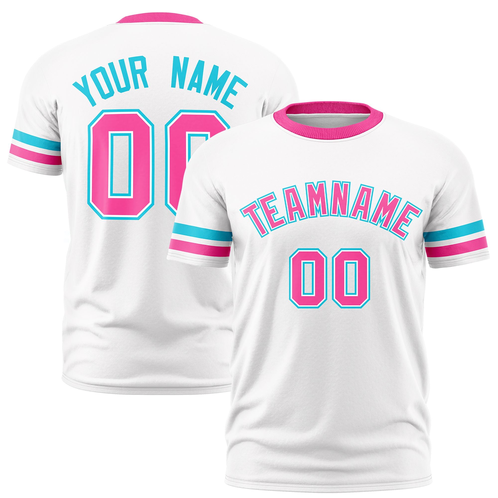 Custom White Sky Blue-Pink Color Block Design Performance T-Shirt