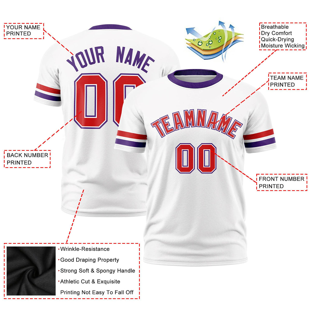 Custom White Red-Purple Color Block Design Performance T-Shirt