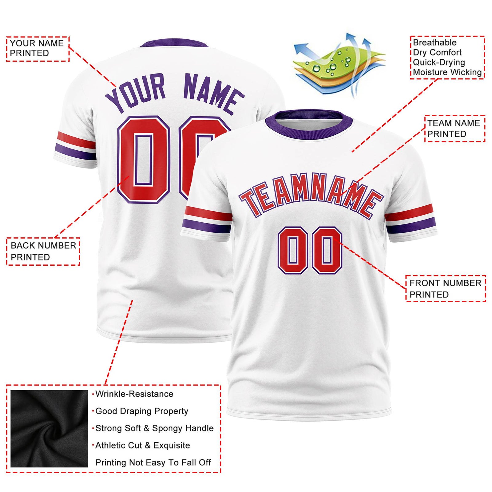 Custom White Red-Purple Color Block Design Performance T-Shirt