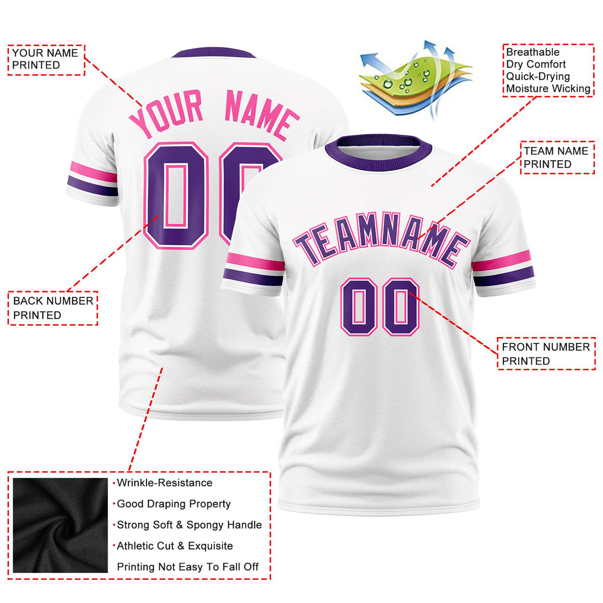 Custom White Pink-Purple Color Block Design Performance T-Shirt