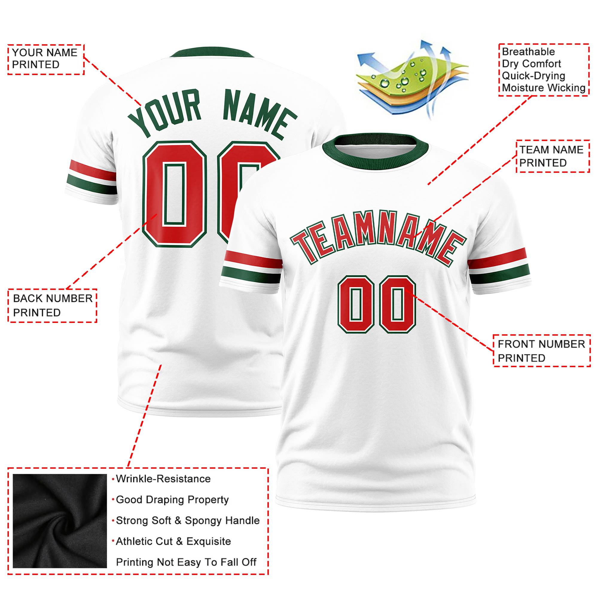 Custom White Red-Green Color Block Design Performance T-Shirt