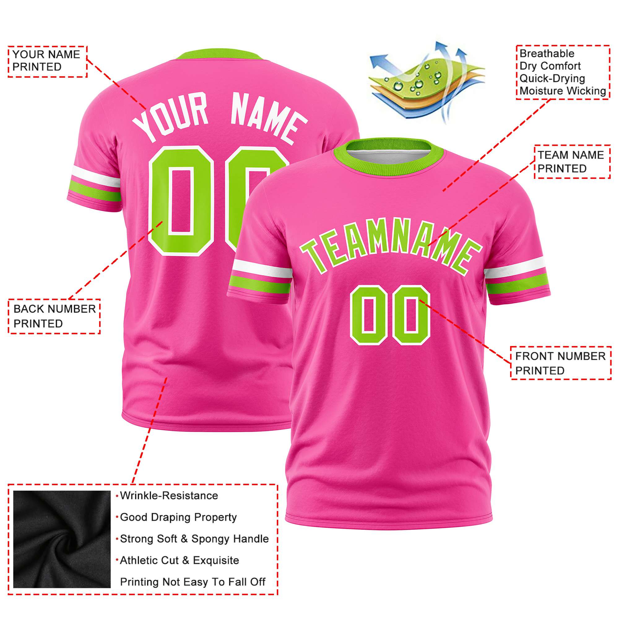 Custom Pink White-Neon Green Color Block Design Performance T-Shirt