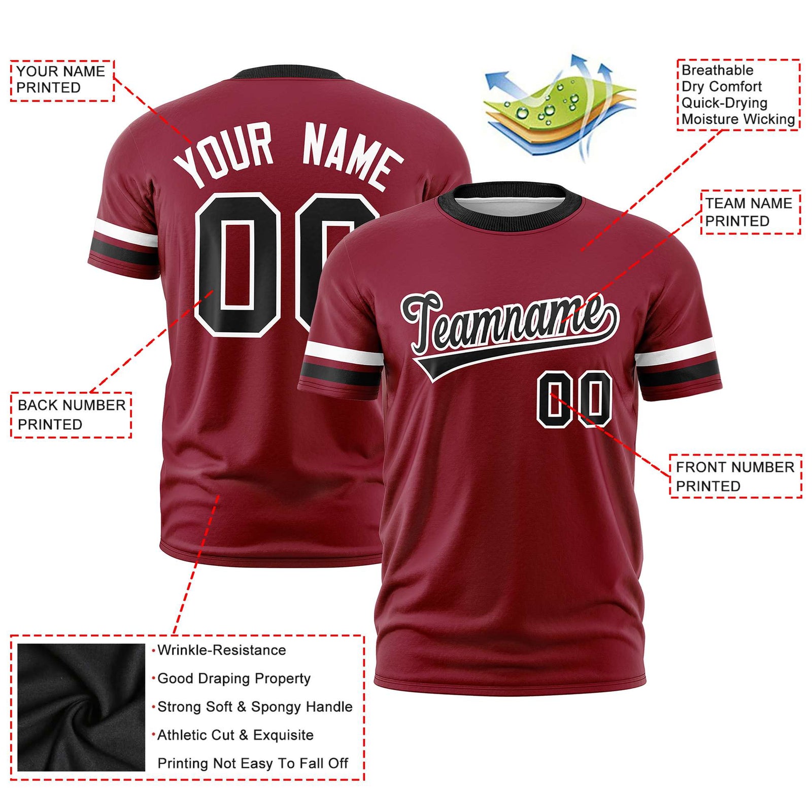 Custom Crimson White-Black Color Block Design Performance T-Shirt