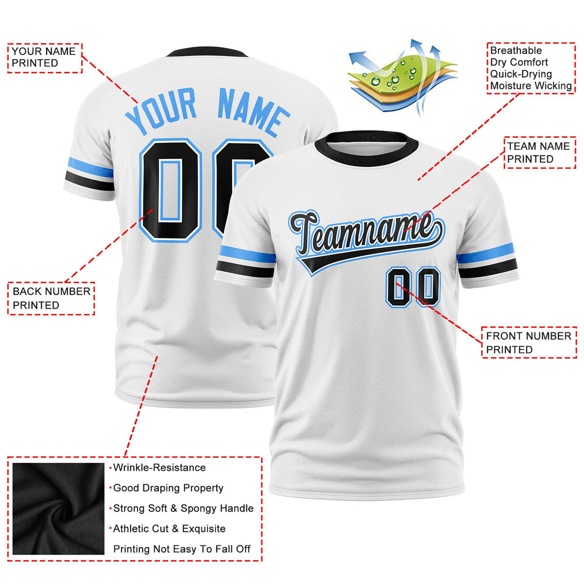 Custom White Powder Blue-Black Color Block Design Performance T-Shirt