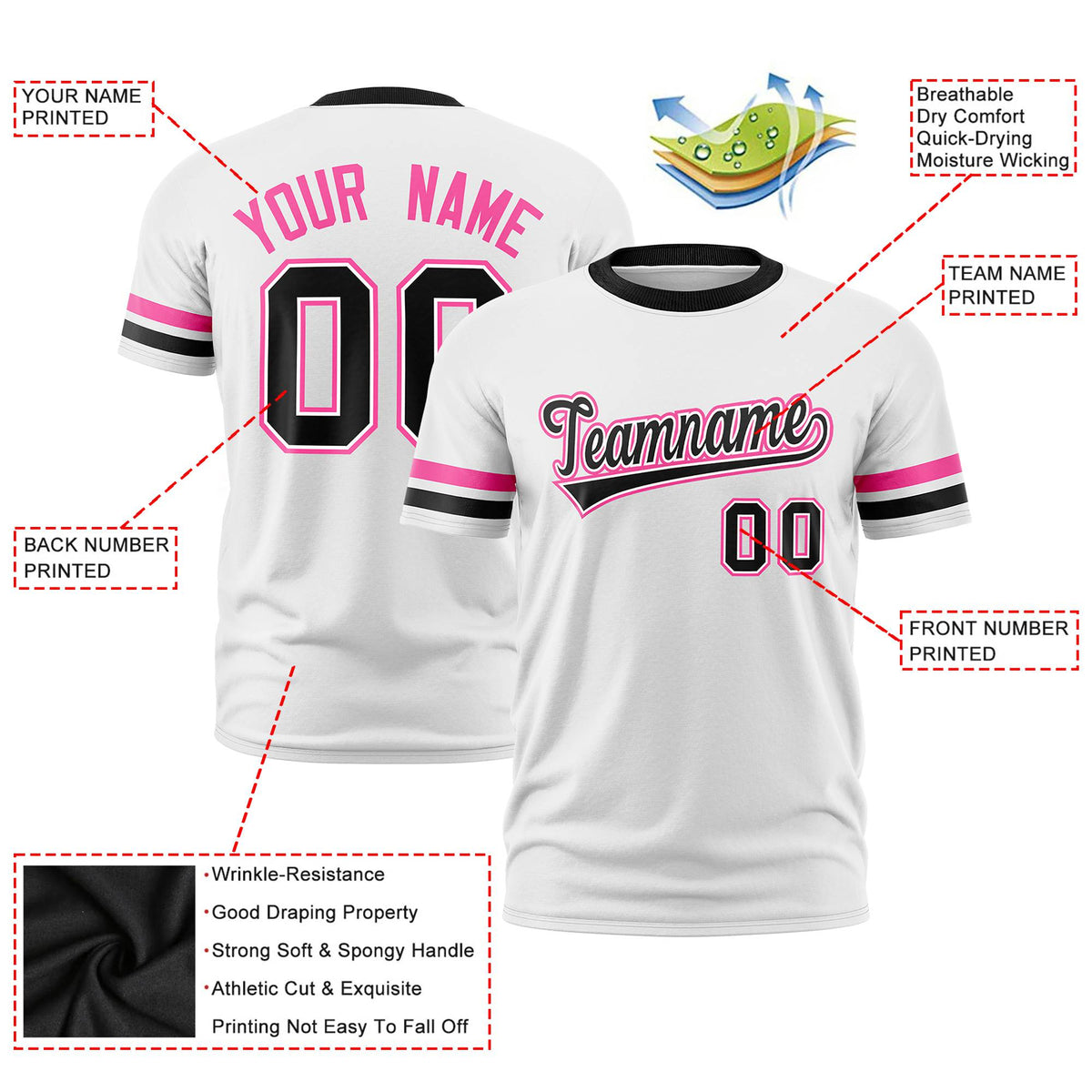 Custom White Pink-Black Color Block Design Performance T-Shirt