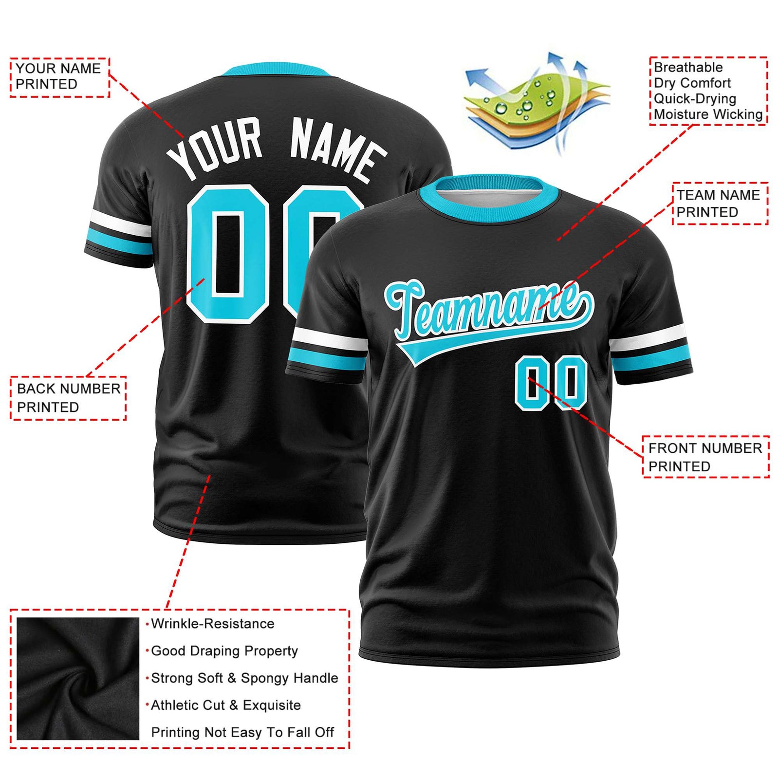 Custom Black White-Sky Blue Color Block Design Performance T-Shirt