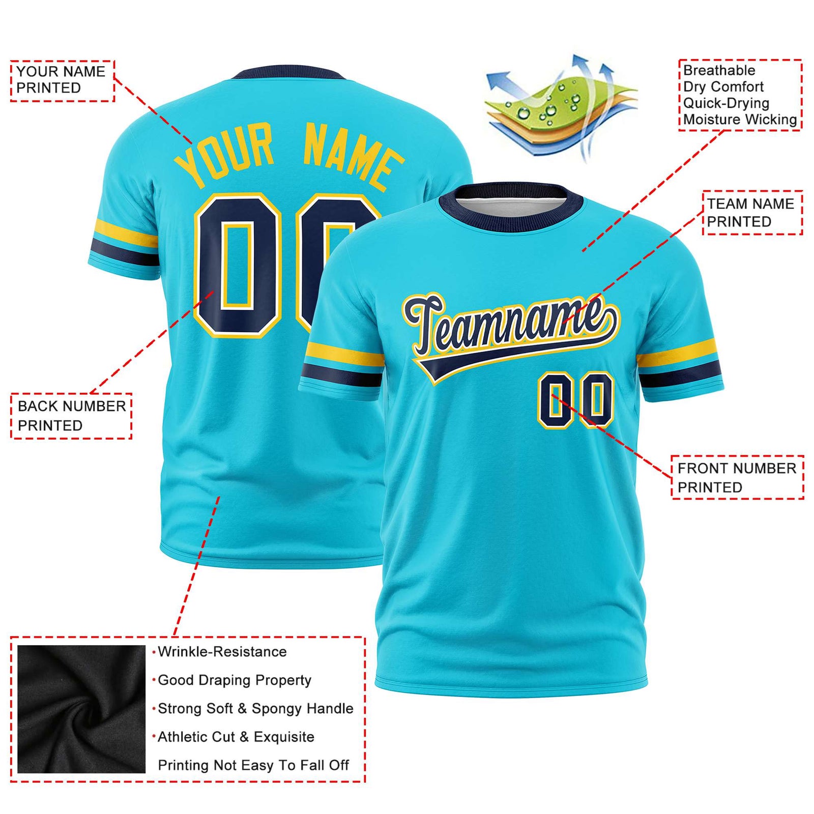 Custom Sky Blue Gold01-Navy Color Block Design Performance T-Shirt