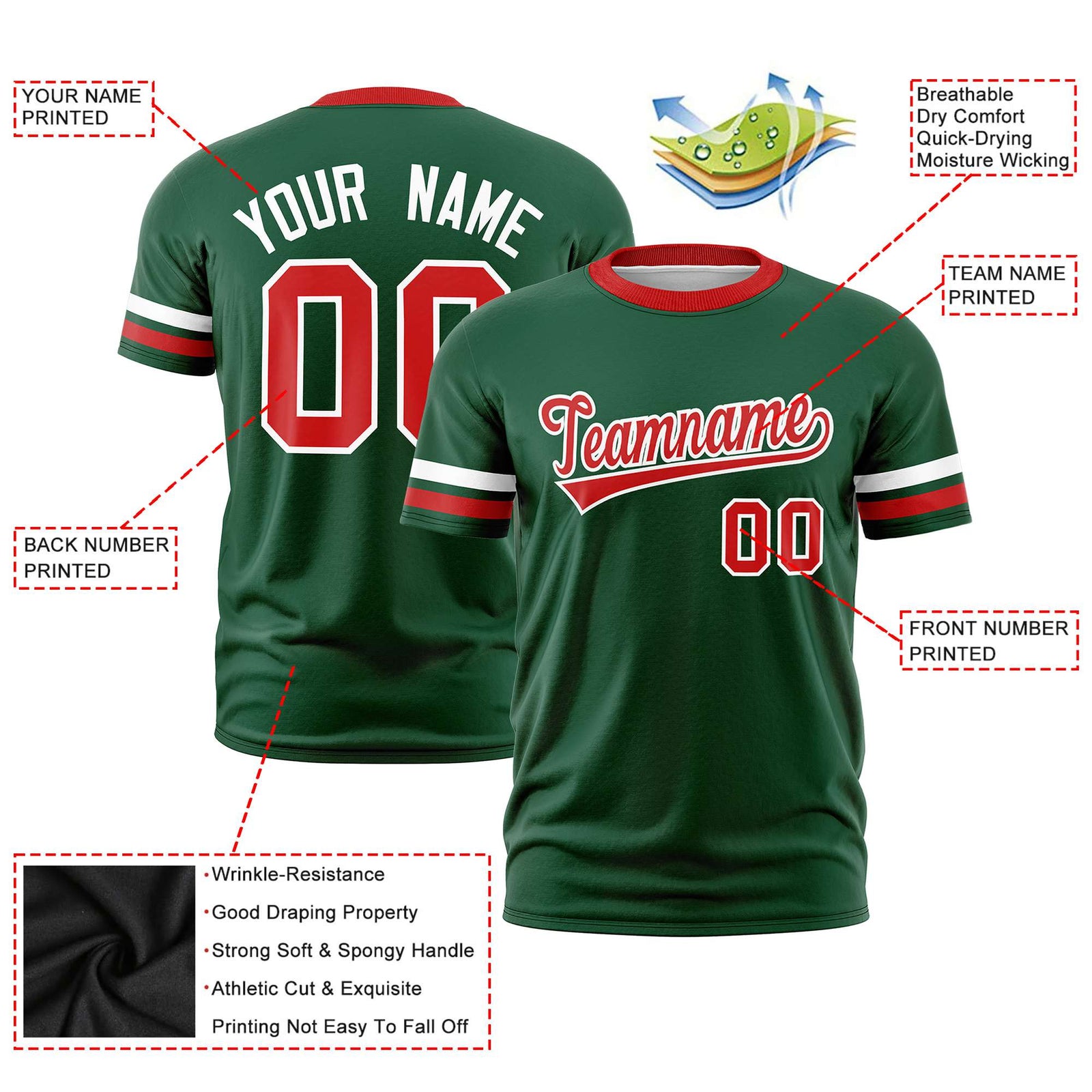 Custom Green White-Red Color Block Design Performance T-Shirt