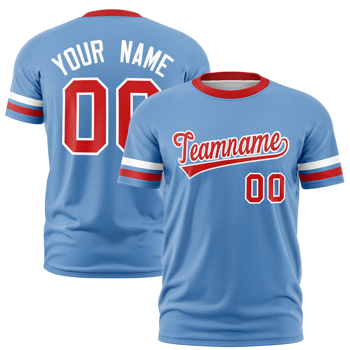 Custom Light Blue White-Red Color Block Design Performance T-Shirt