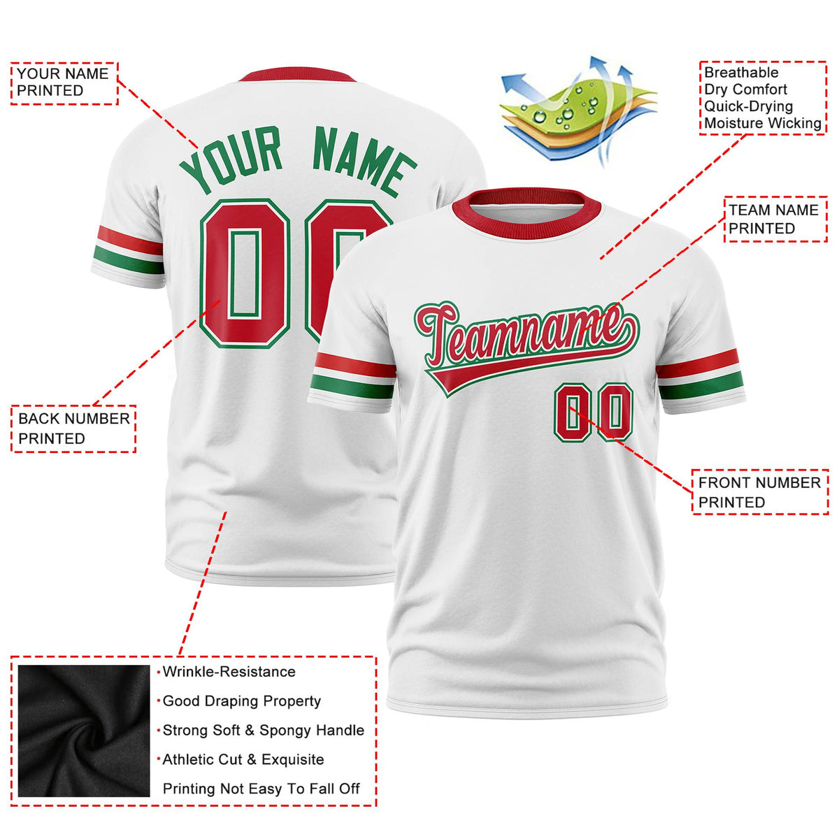 Custom White Red-Kelly Green Color Block Design Performance T-Shirt