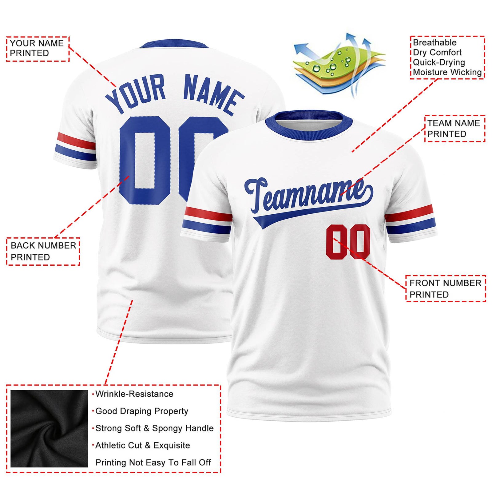 Custom White Red-Royal Blue Color Block Design Performance T-Shirt