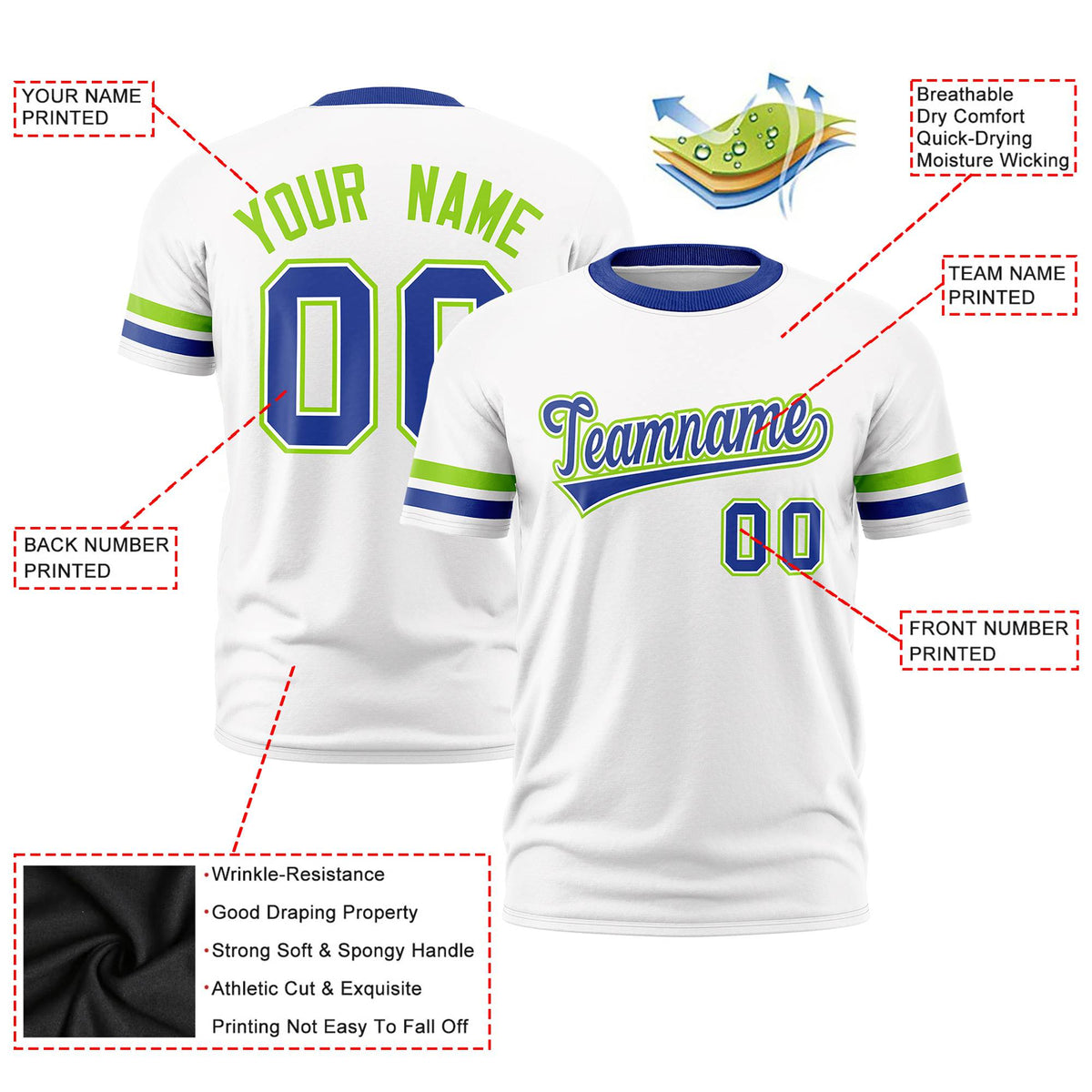 Custom White Neon Green-Royal Blue Color Block Design Performance T-Shirt