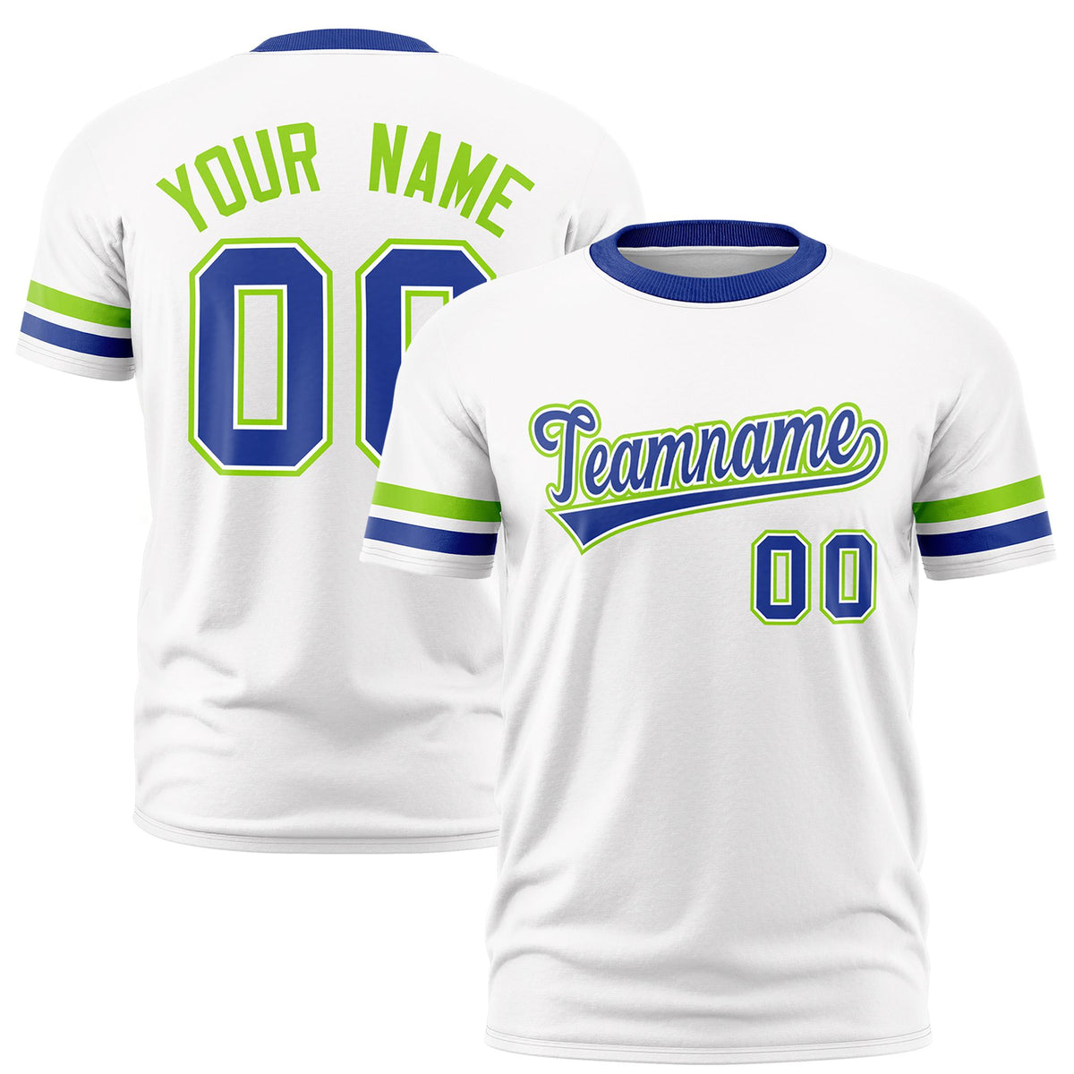 Custom White Neon Green-Royal Blue Color Block Design Performance T-Shirt