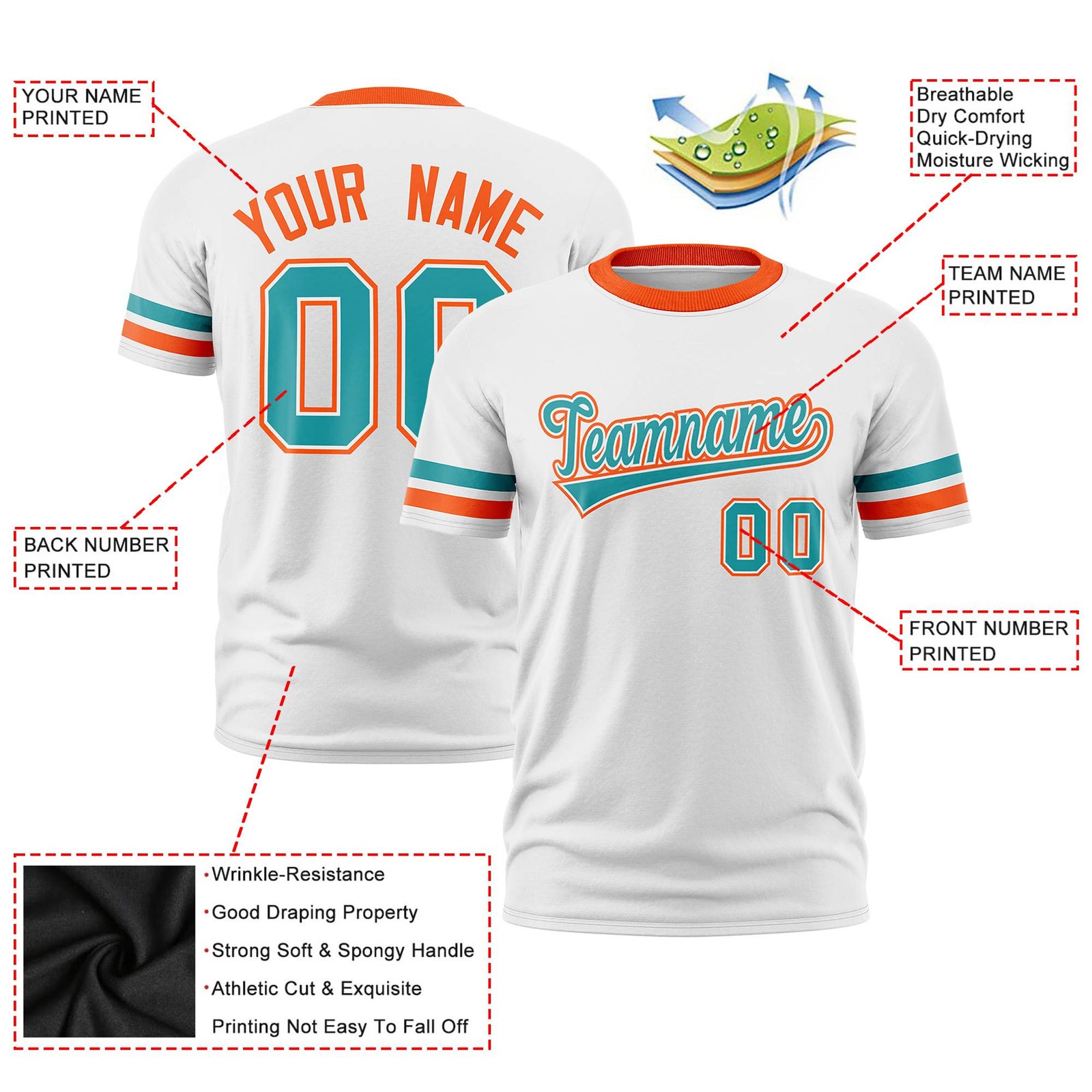 Custom White Aqua-Orange Color Block Design Performance T-Shirt