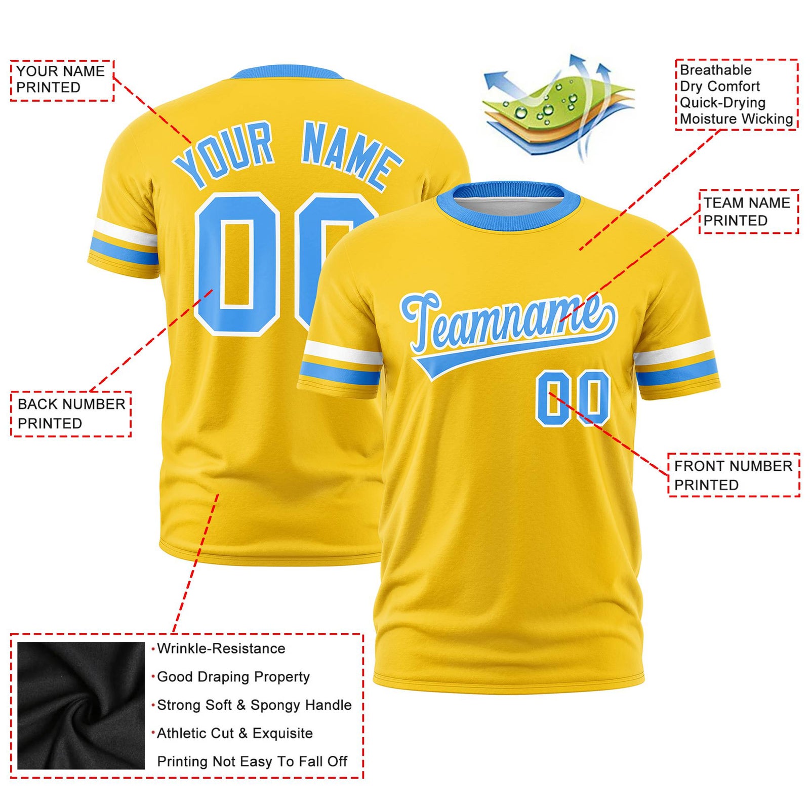 Custom Gold01 White-Powder Blue Color Block Design Performance T-Shirt