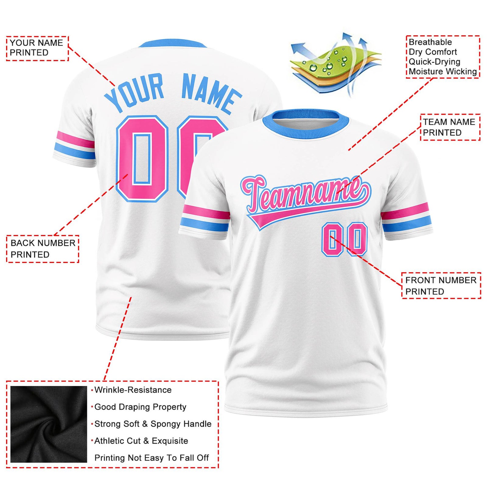 Custom White Pink-Powder Blue Color Block Design Performance T-Shirt