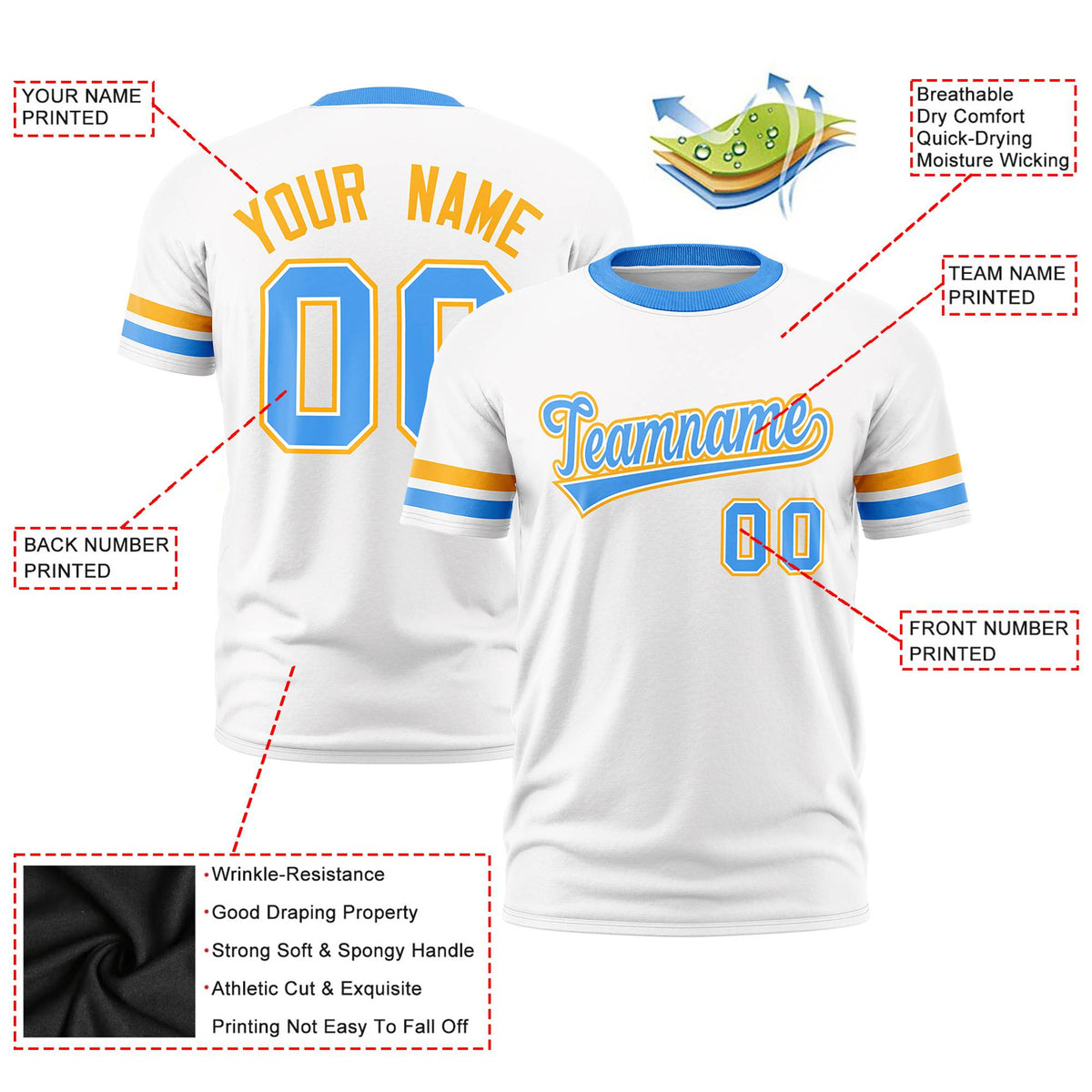 Custom White Yellow-Powder Blue Color Block Design Performance T-Shirt
