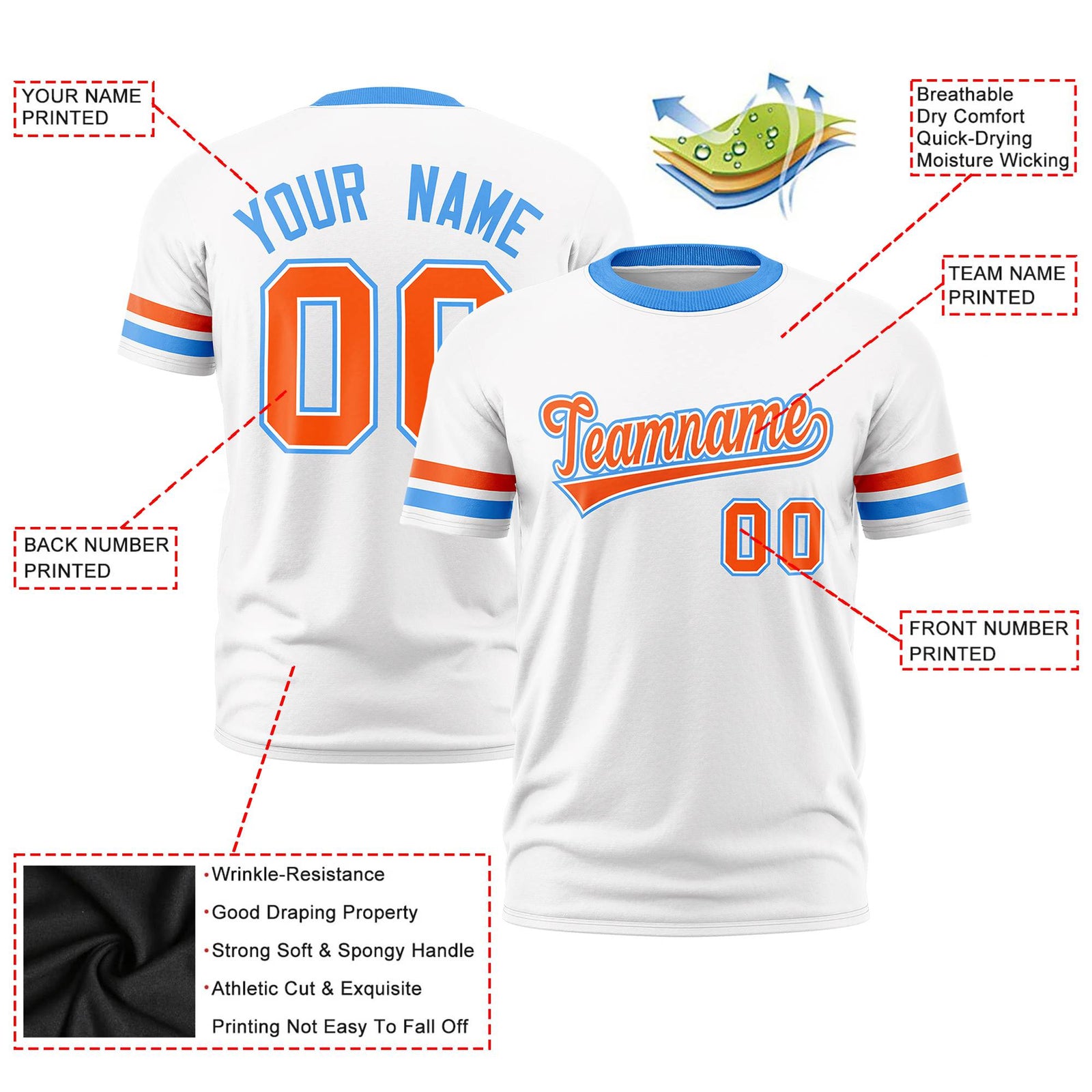 Custom White Orange-Powder Blue Color Block Design Performance T-Shirt