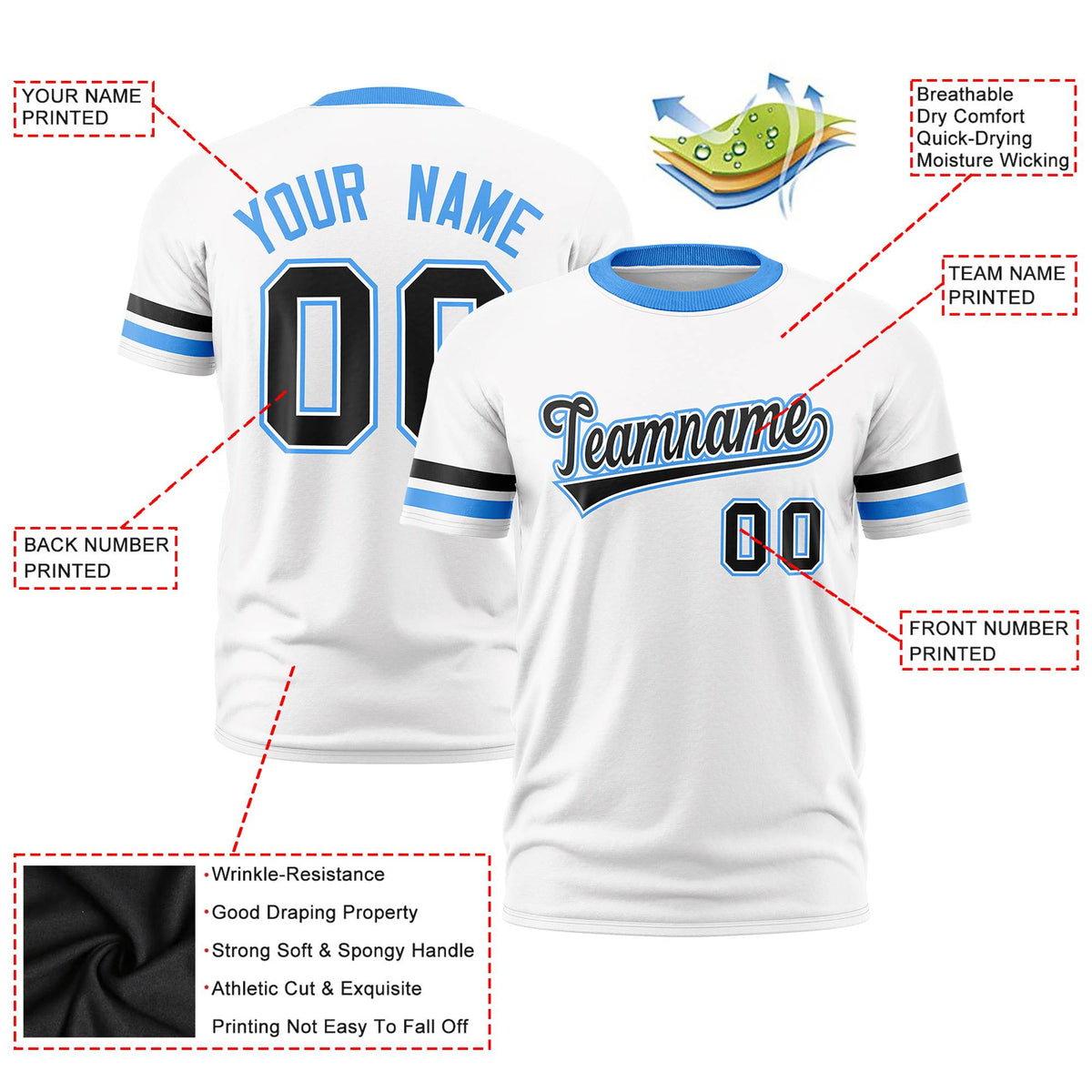 Custom White Black-Powder Blue Color Block Design Performance T-Shirt