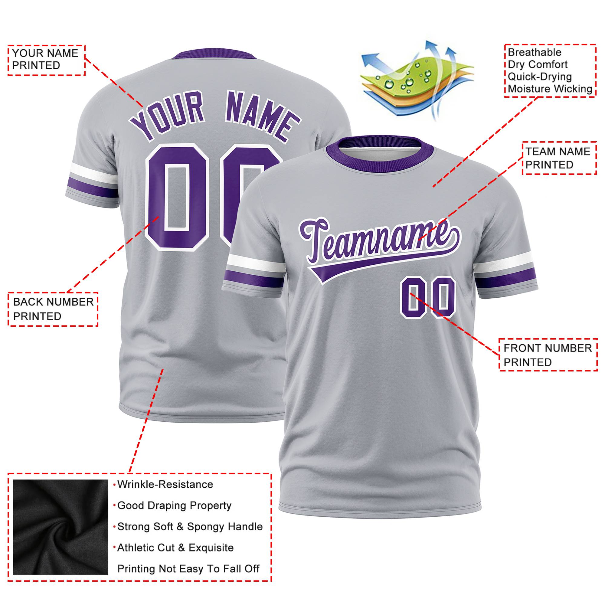 Custom Gray White-Purple Color Block Design Performance T-Shirt