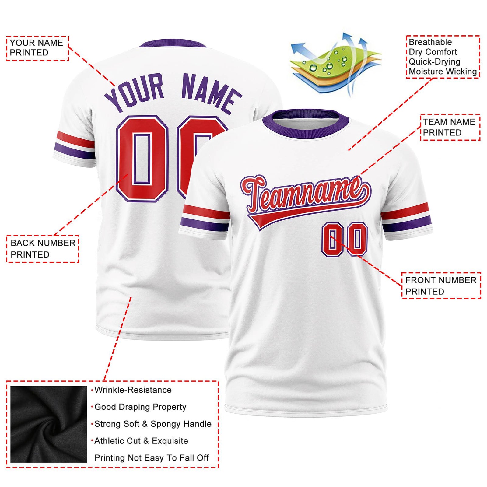 Custom White Red-Purple Color Block Design Performance T-Shirt