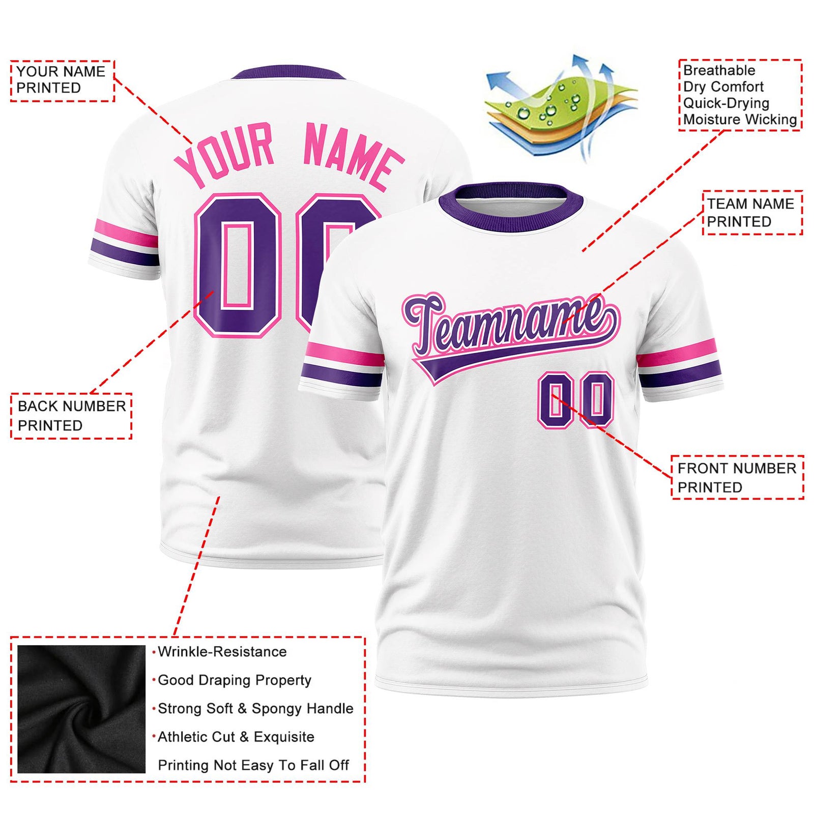 Custom White Pink-Purple Color Block Design Performance T-Shirt