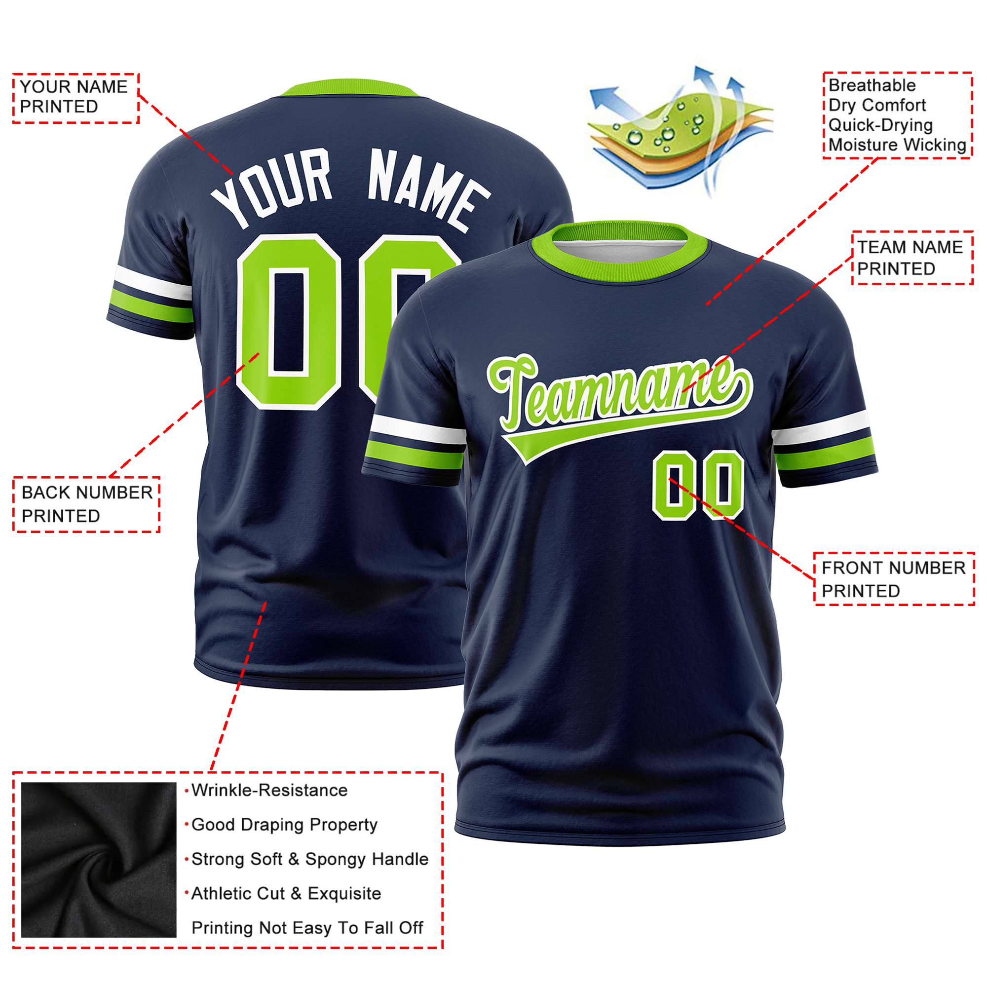 Custom Navy White-Neon Green Color Block Design Performance T-Shirt