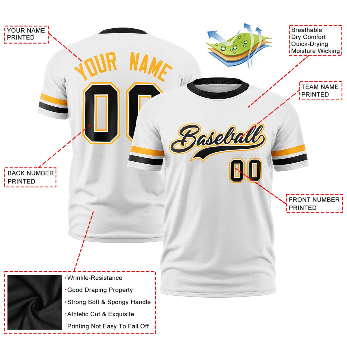 Custom White Yellow-Black Color Block Design Performance T-Shirt