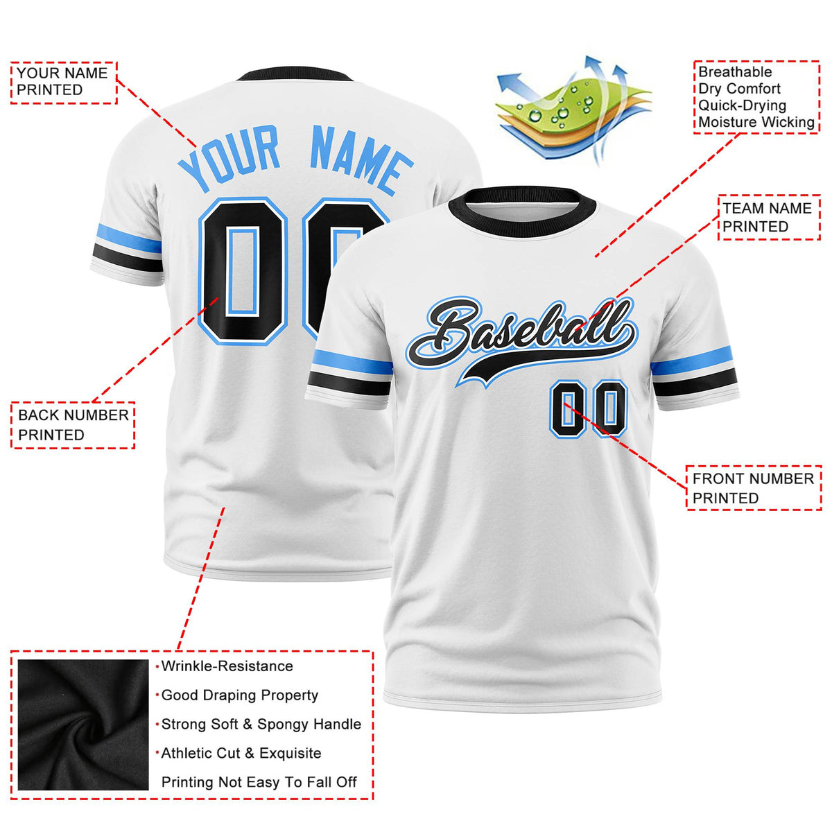Custom White Powder Blue-Black Color Block Design Performance T-Shirt