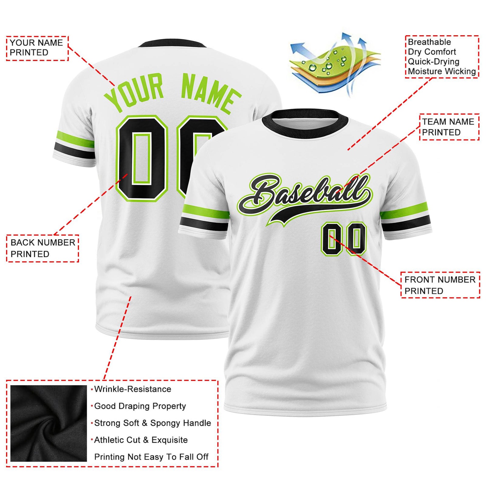 Custom White Neon Green-Black Color Block Design Performance T-Shirt