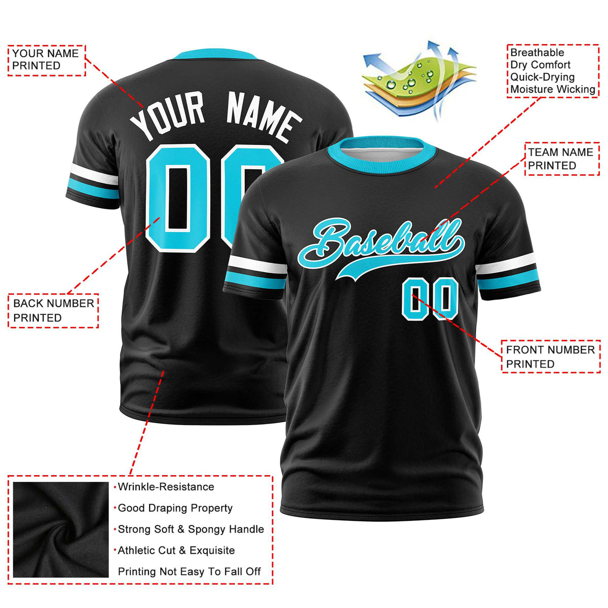 Custom Black White-Sky Blue Color Block Design Performance T-Shirt