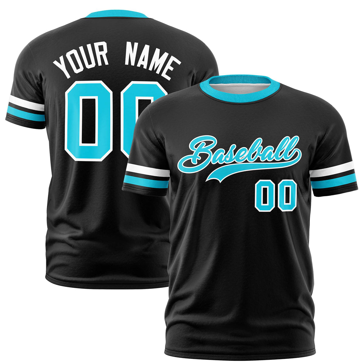 Custom Black White-Sky Blue Color Block Design Performance T-Shirt