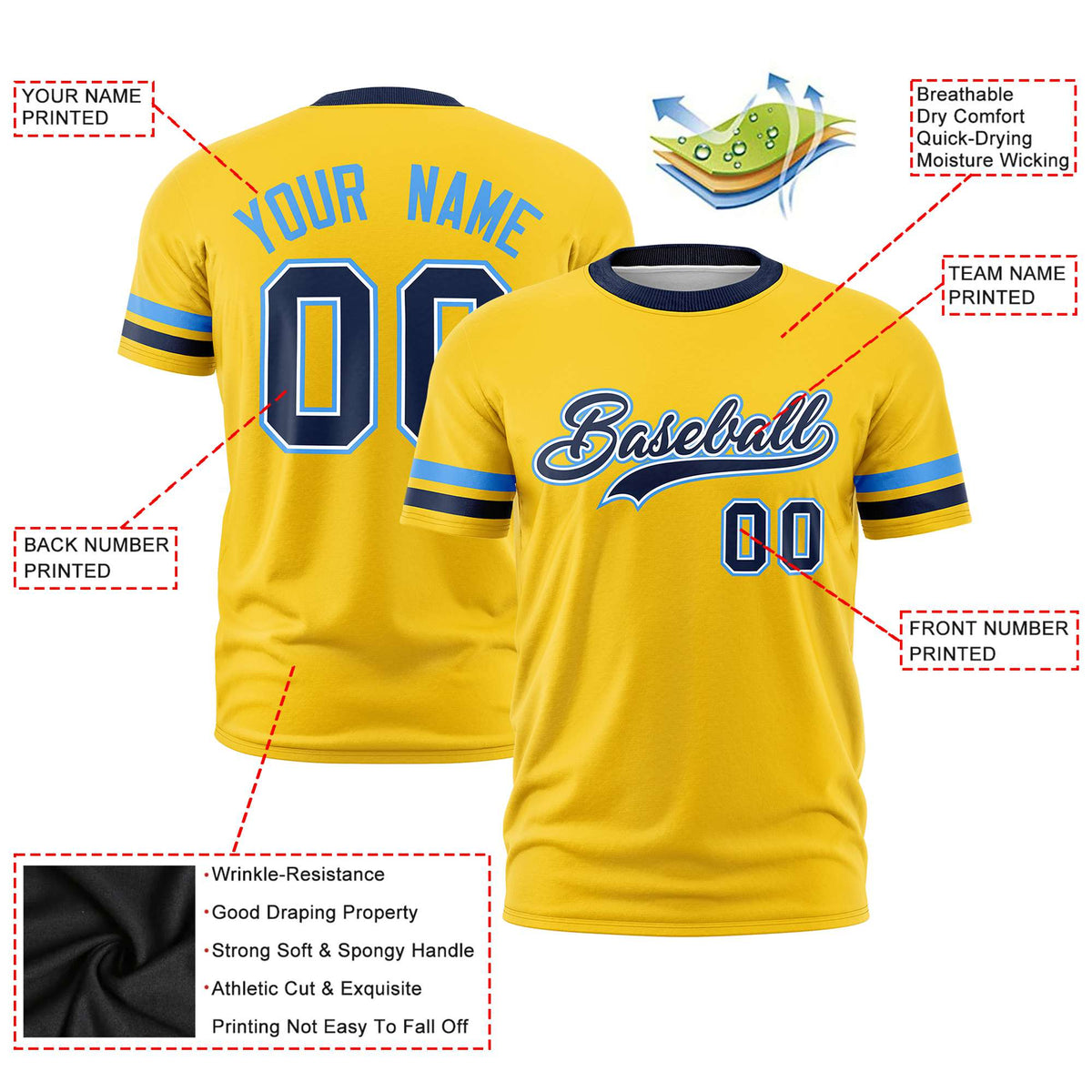 Custom Gold01 Powder Blue-Navy Color Block Design Performance T-Shirt