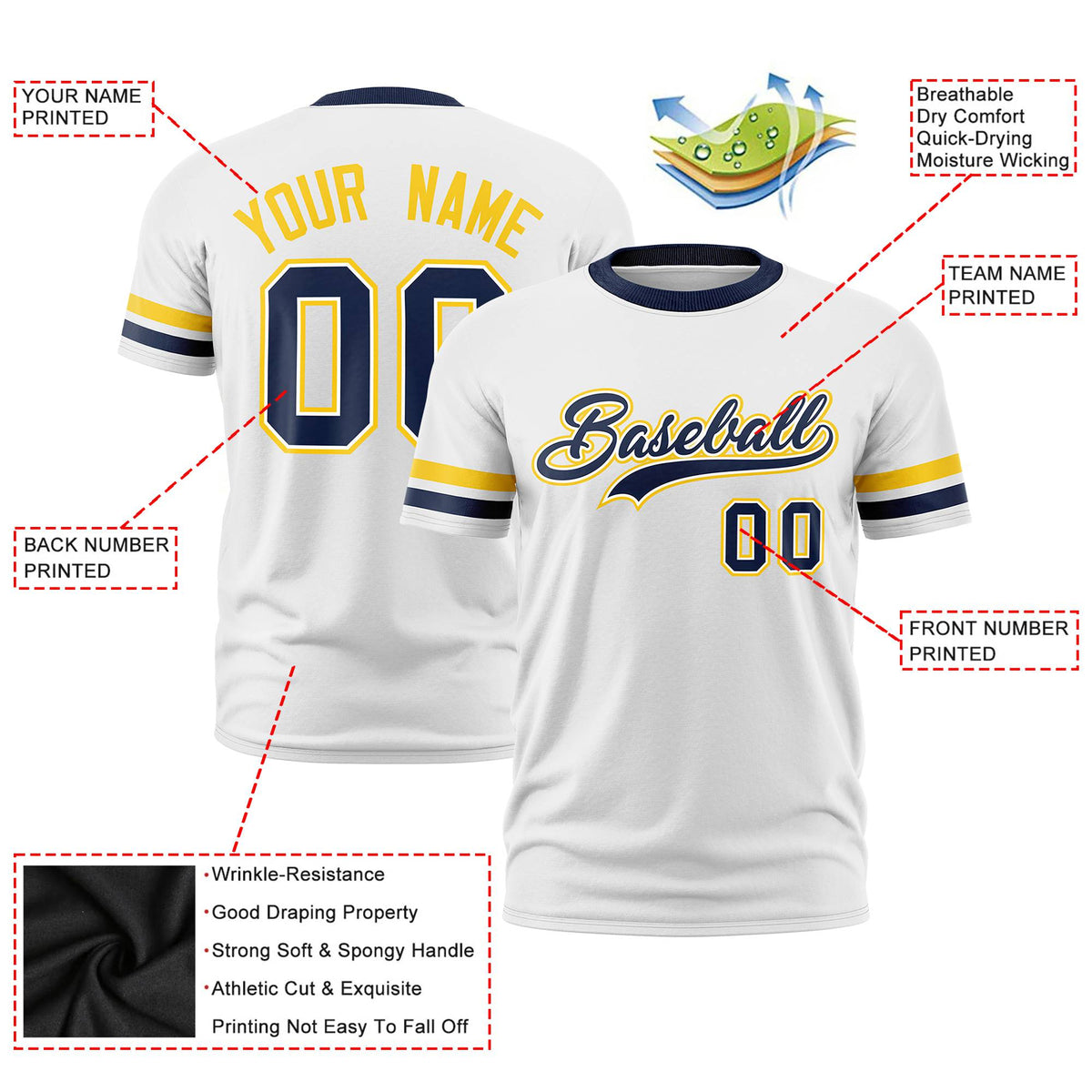 Custom White Gold01-Navy Color Block Design Performance T-Shirt