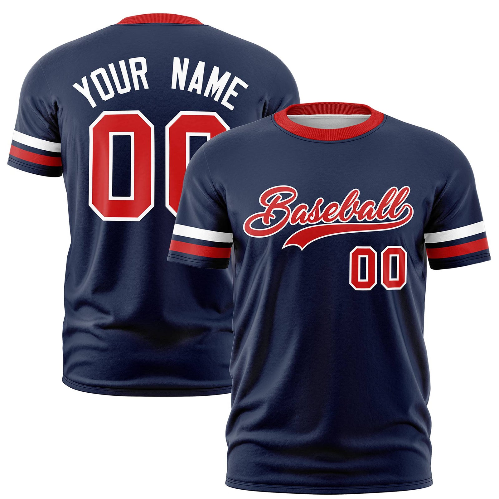 Custom Navy White-Red Color Block Design Performance T-Shirt