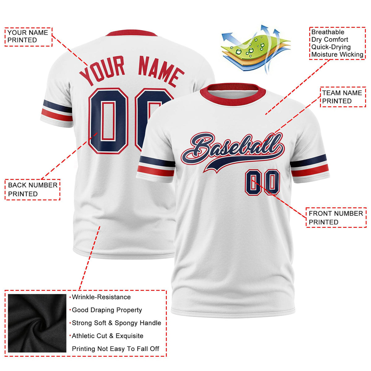 Custom White Navy-Red Color Block Design Performance T-Shirt