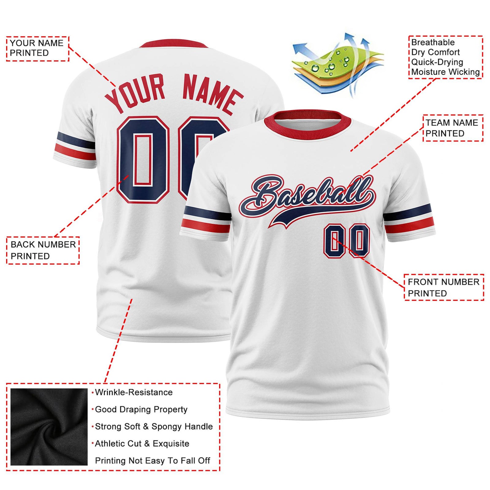 Custom White Navy-Red Color Block Design Performance T-Shirt