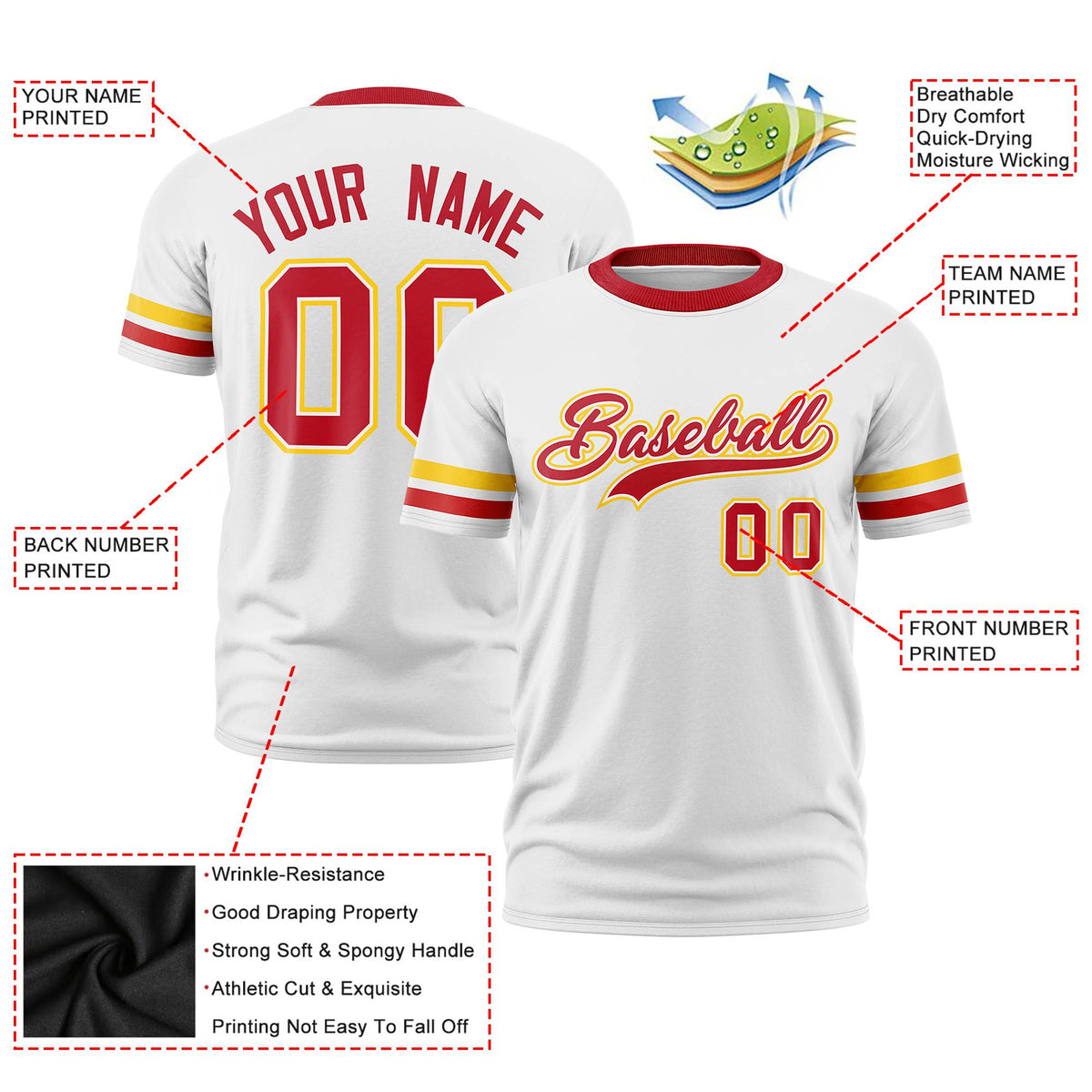 Custom White Gold01-Red Color Block Design Performance T-Shirt