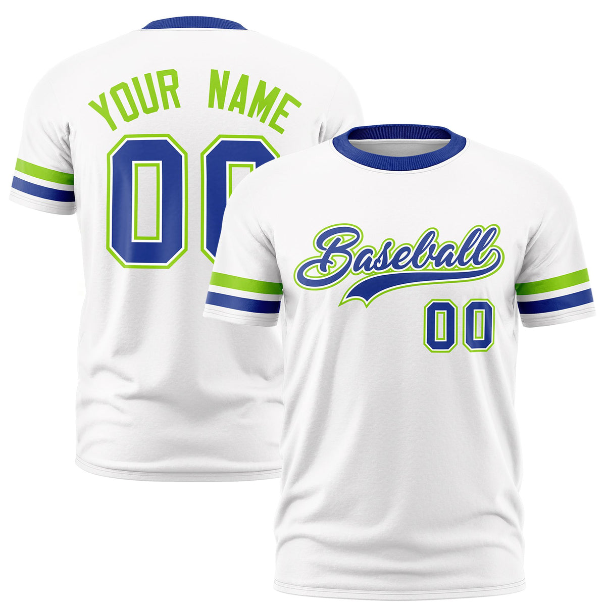 Custom White Neon Green-Royal Blue Color Block Design Performance T-Shirt