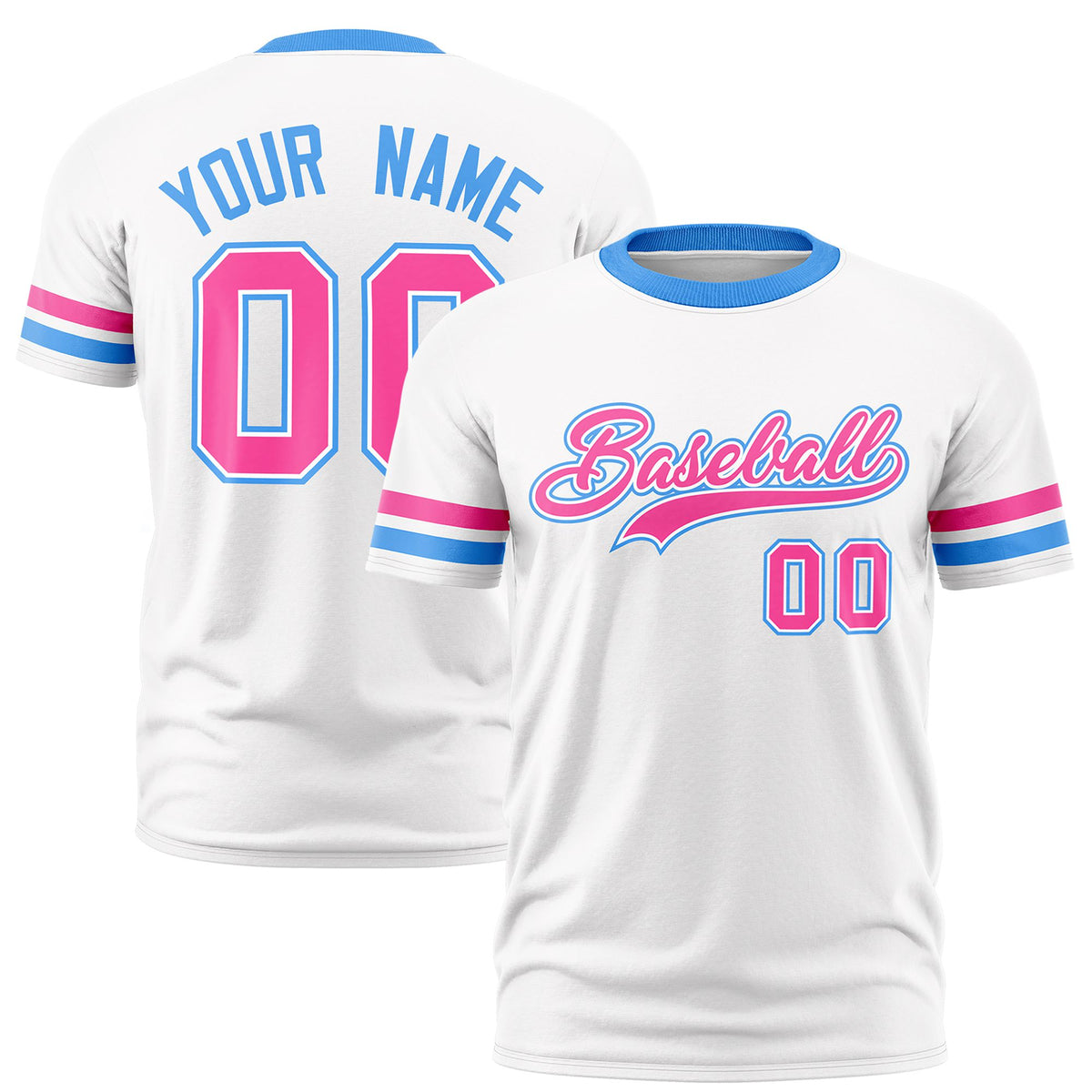 Custom White Pink-Powder Blue Color Block Design Performance T-Shirt