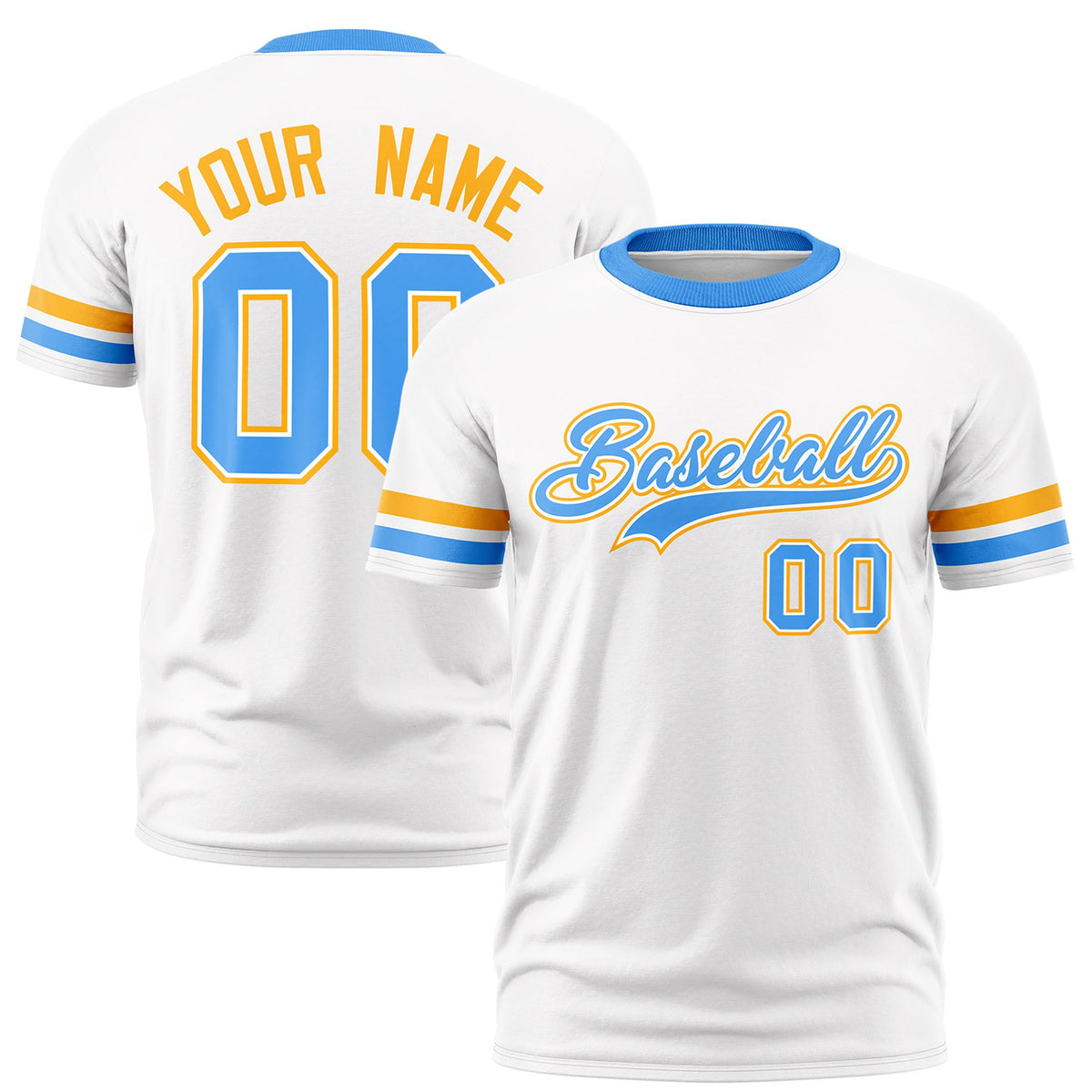 Custom White Yellow-Powder Blue Color Block Design Performance T-Shirt