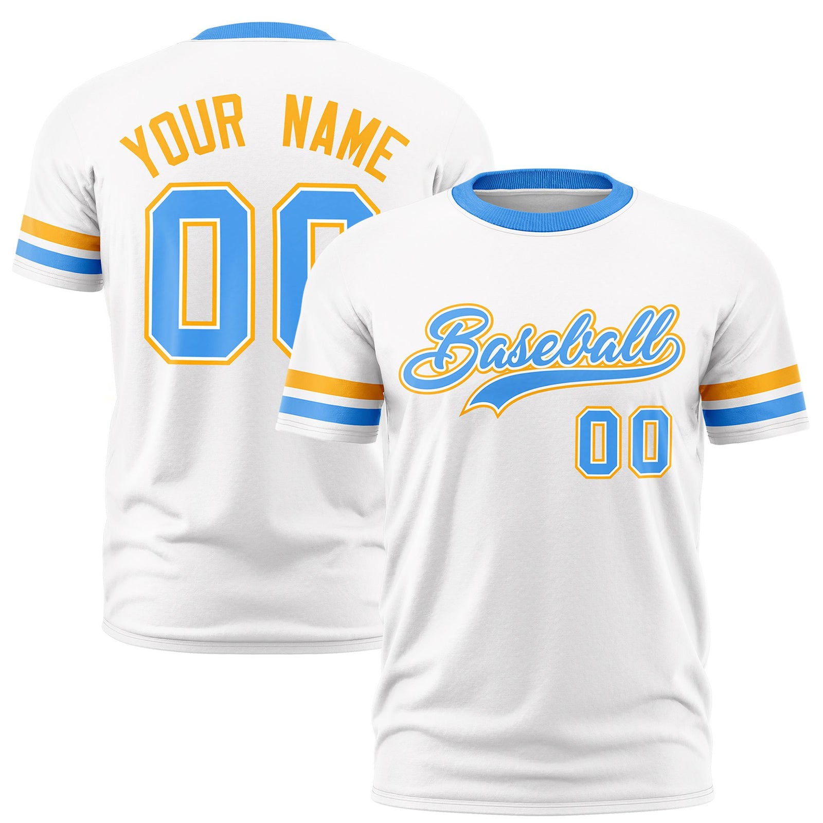 Custom White Yellow-Powder Blue Color Block Design Performance T-Shirt
